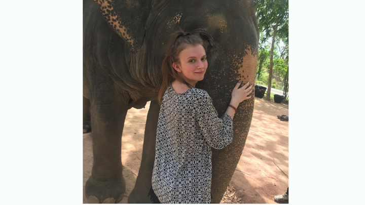 Young girl smiling stroking an elephant