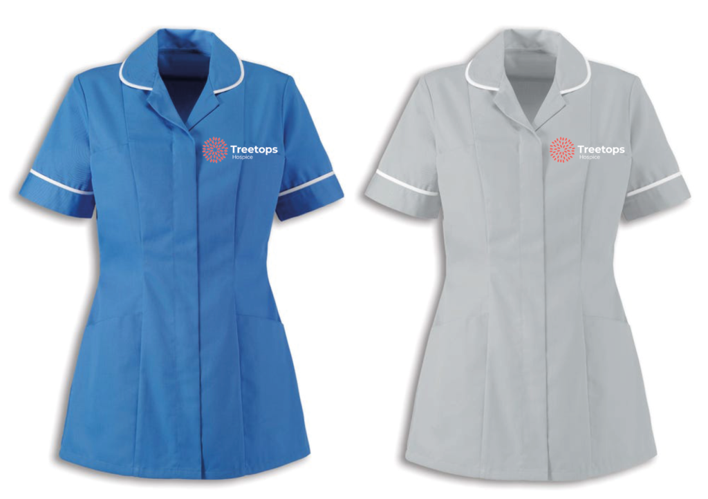 Two nurse tunics - blue and grey - with the new logo