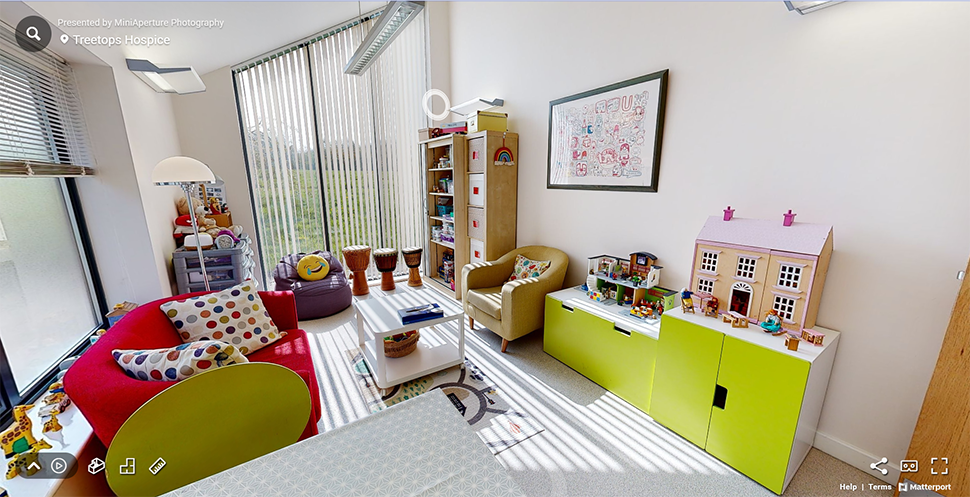 360 tour screenshot of children's counselling room at Treetops Hospice