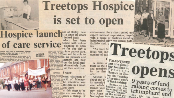 Press cuttings of newspapers from the early years of Treetops Hospice