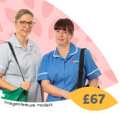 2 women dresses as nurses holding bags