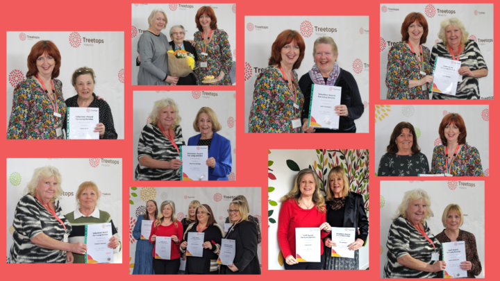 A montage of photos showing different people posing with long service certificates