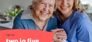 Older woman and nurse holding hands and smiling with information in corner about Making a Will