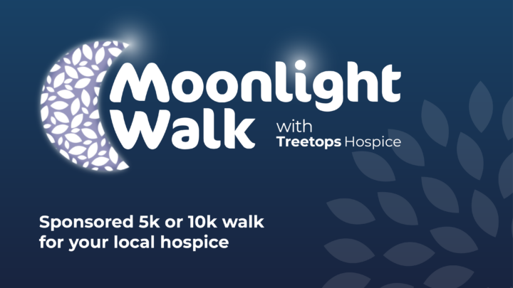 Dark blue background with white shiny text saying Moonlight Walk with Treetops Hospice