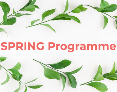 Green foliage around the words "SPRING Programme" on a white background.