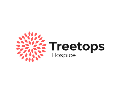 Logo of Treetops Hospice featuring a pink radial design next to the text "Treetops Hospice."