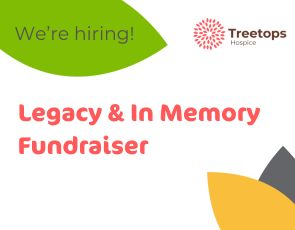 Treetops Hospice job advertisement for a Legacy & In Memory Fundraiser position, featuring colorful leaf graphics.