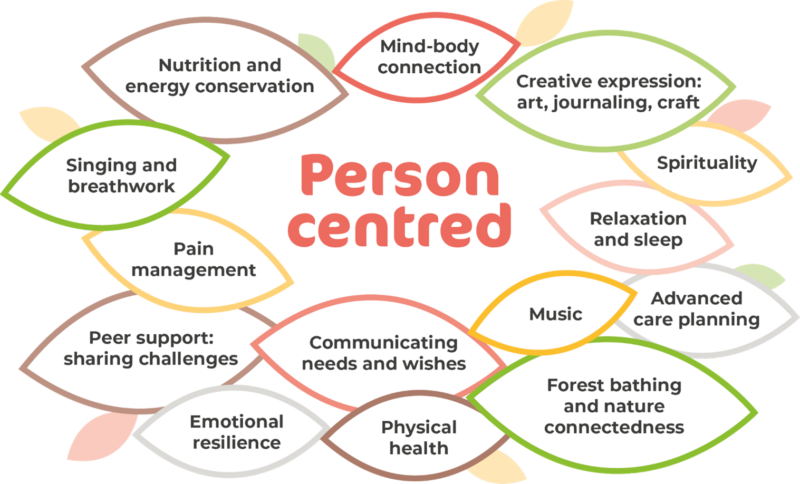 A diagram illustrating person-centered care with concepts like nutrition, mindfulness, creativity, and emotional resilience in leaf shapes.