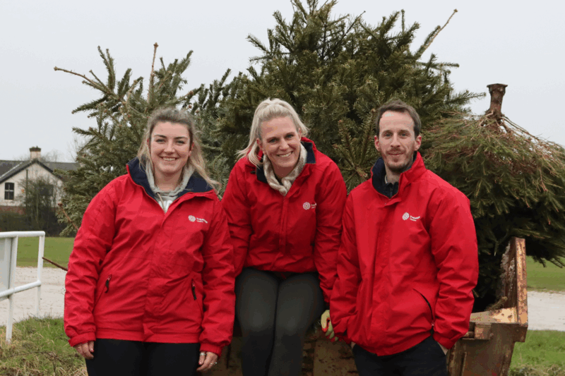 Three people smiling and stood in front of a skip full of old Christmas trees.
