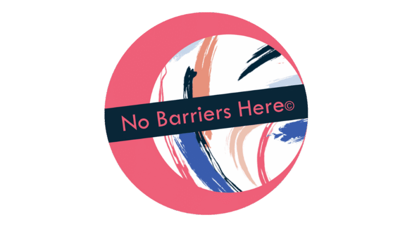 A circular logo with a pink background, featuring abstract brush strokes and the text "No Barriers Here©" prominently displayed.