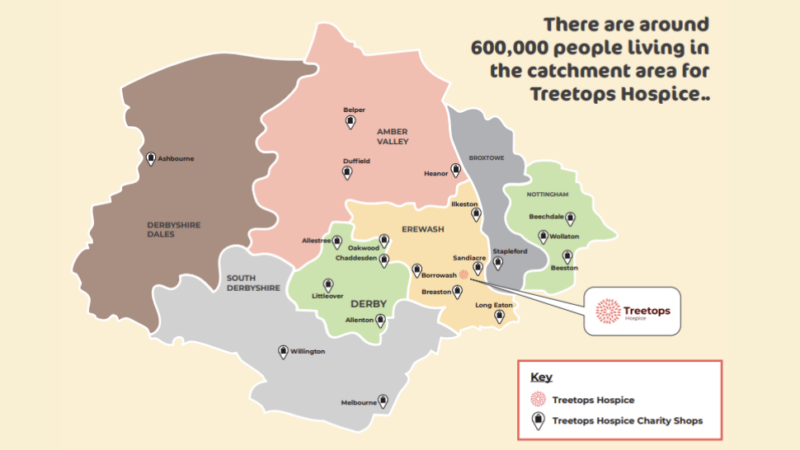 Map showing the catchment area of Treetops Hospice with locations of hospice and charity shops across Derbyshire